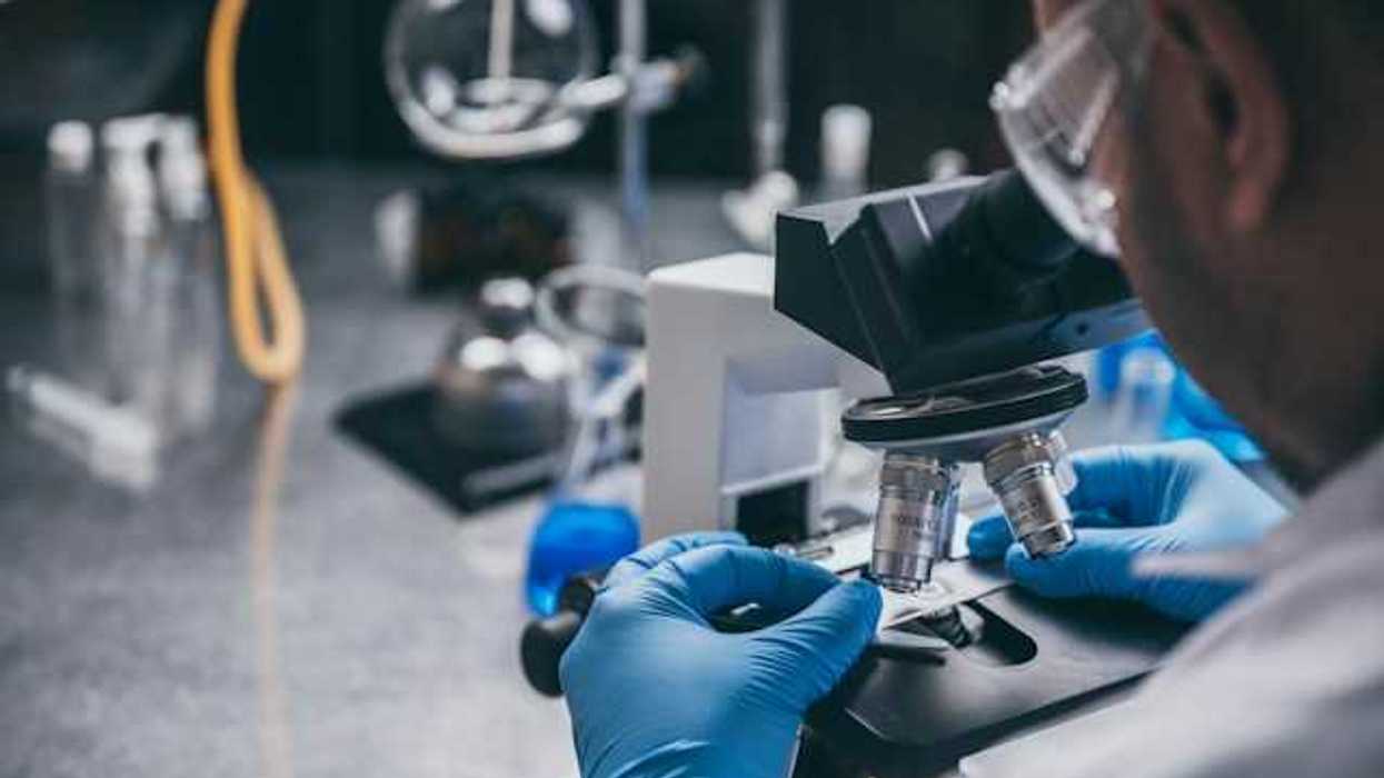 A scientist looking at a slide in a microscope