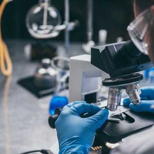 A scientist looking at a slide in a microscope