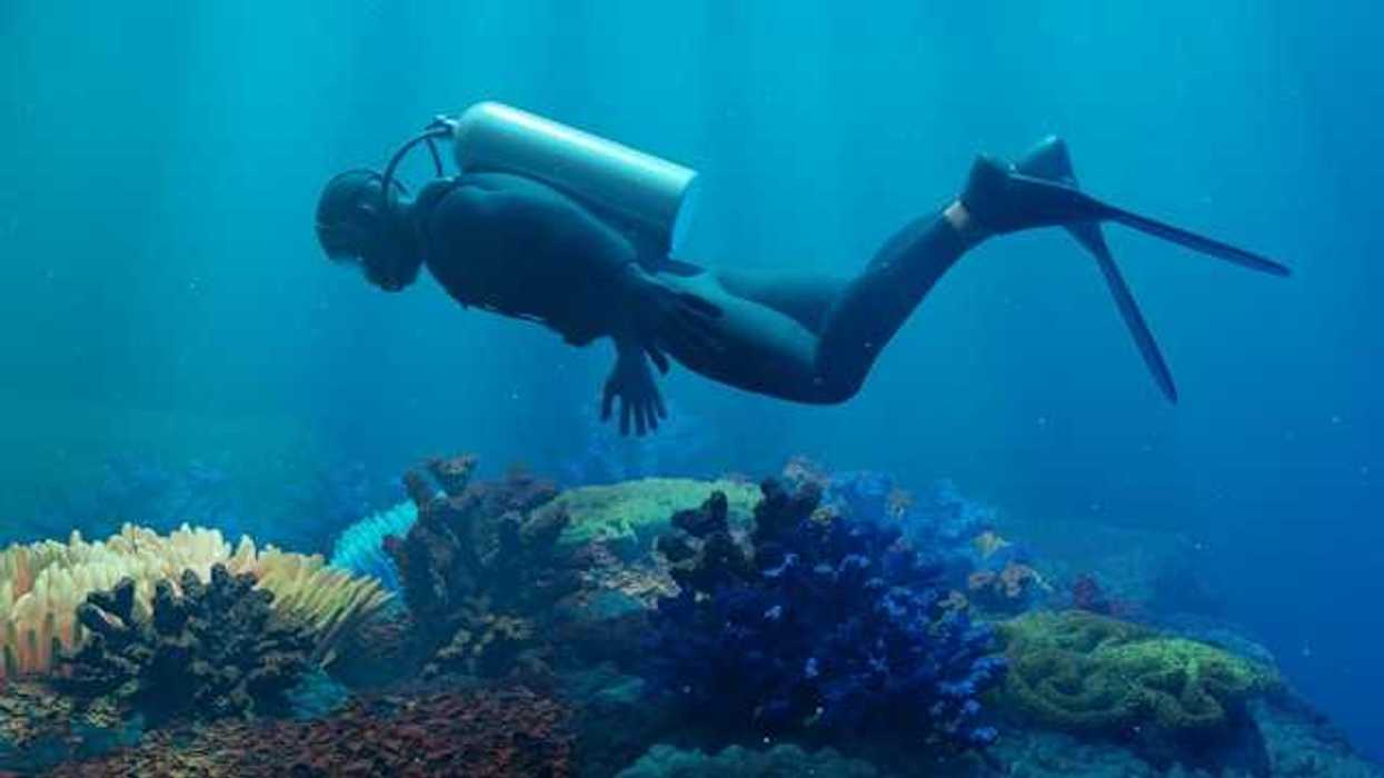 A scuba diver floating above a coral reef