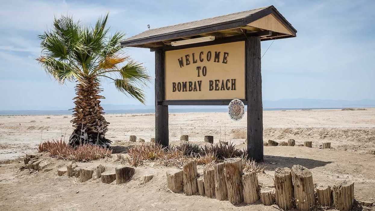 A sign welcomes visitors to Bombay Beach, a partially abandoned town on the shores of the Salton Sea.