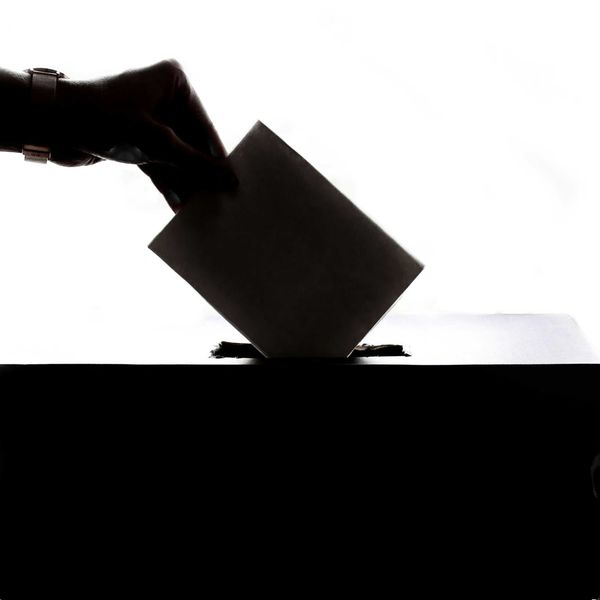 A silhouette of a person casting a vote into a box