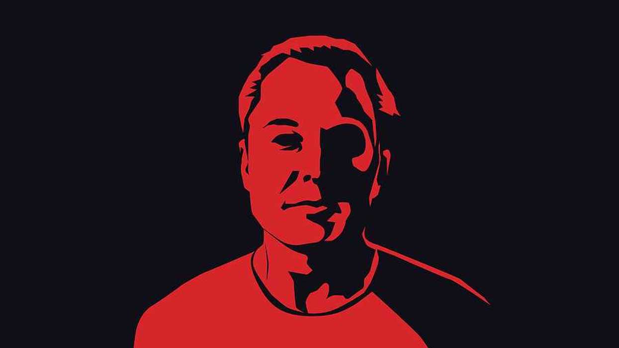 A silhouette of Elon Musk in red and black
