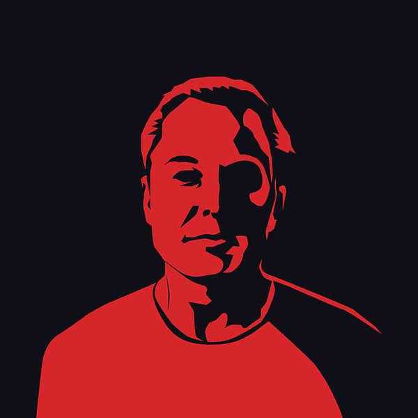 A silhouette of Elon Musk in red and black