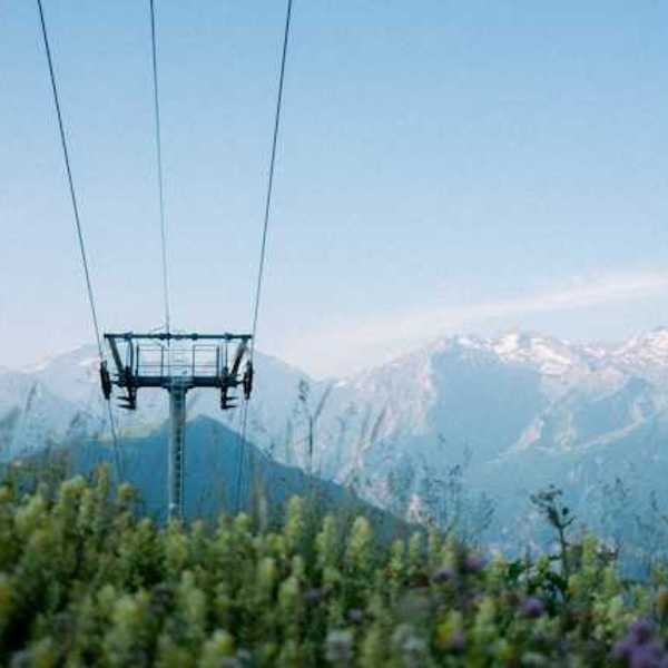 A ski run with green bushes growing under it and mountains the background
