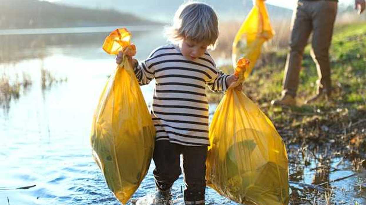 A small boy carrying two plastic bags of trash while walking in a lake