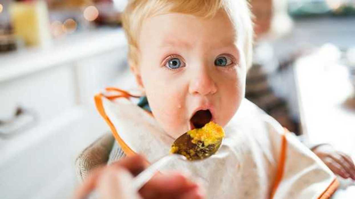 A small child being fed food in a high chair