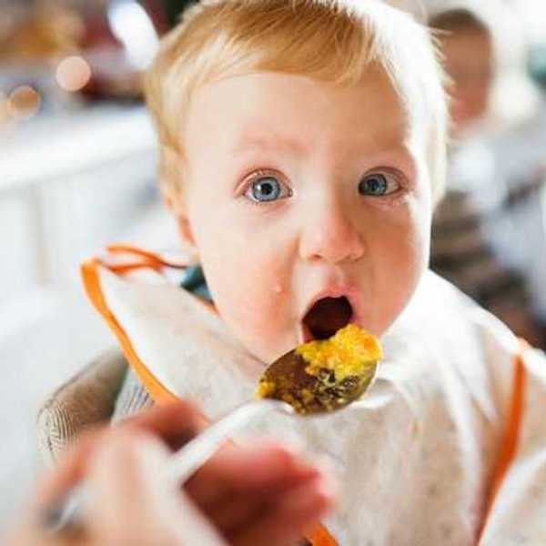 A small child being fed food in a high chair