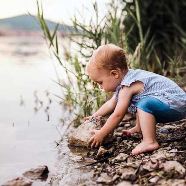 A small child playing with rocks at the edge of a river