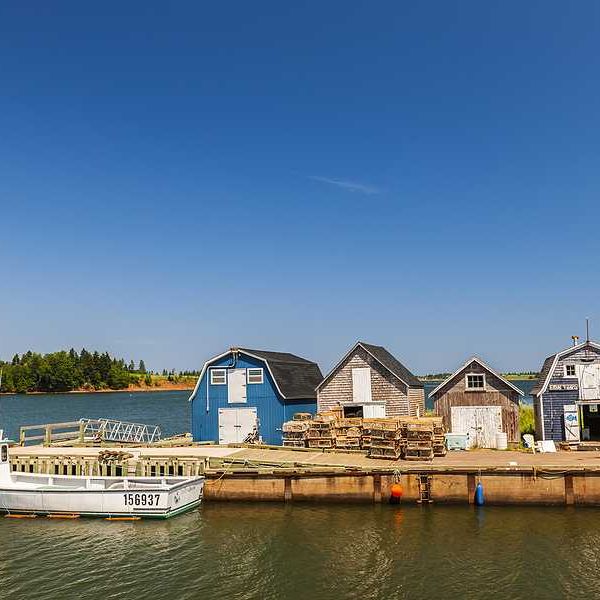 A small dock with fishing shacks on the water