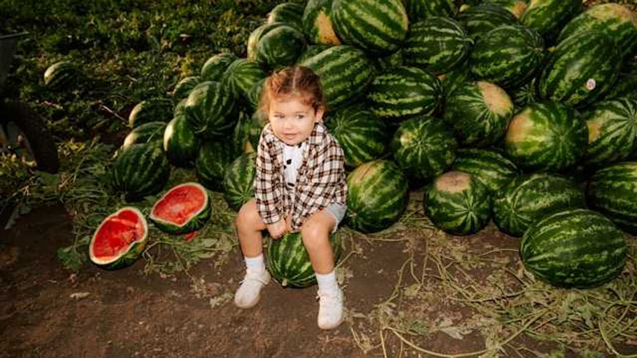 A small girl sitting on a watermelon surrounded by a pile of other watermelons