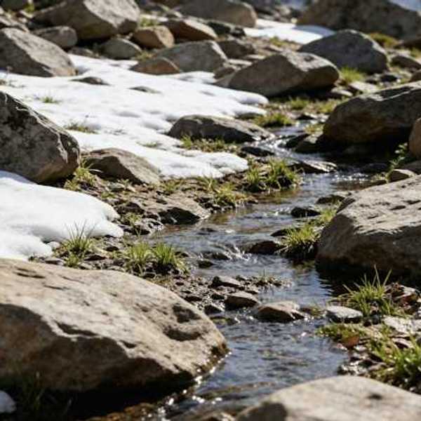 A small stream flows through rocks and melting snow
