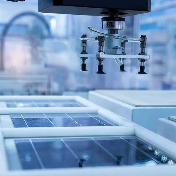 A solar panel in a manufacturing plant with a robotic arm hovering above it