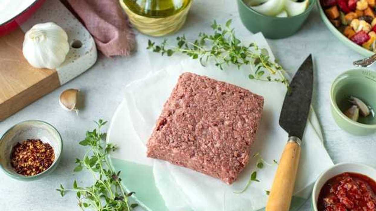 A square slab of real or vegan meat on a surface surrounded by spices
