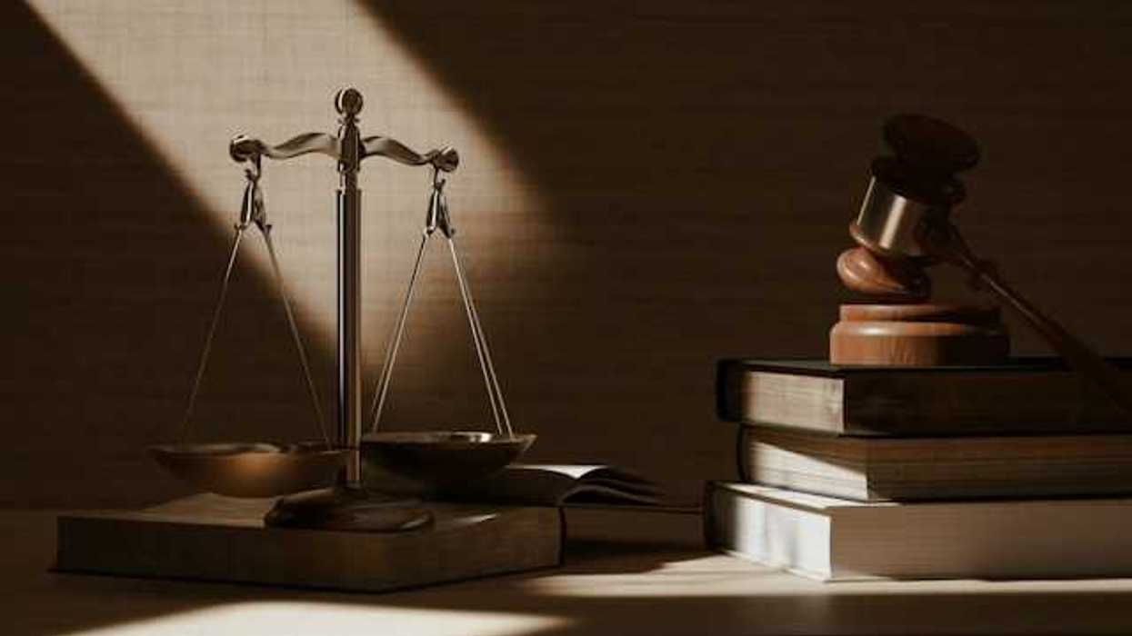A table with scales of justice and a wooden gavel on top of legal books