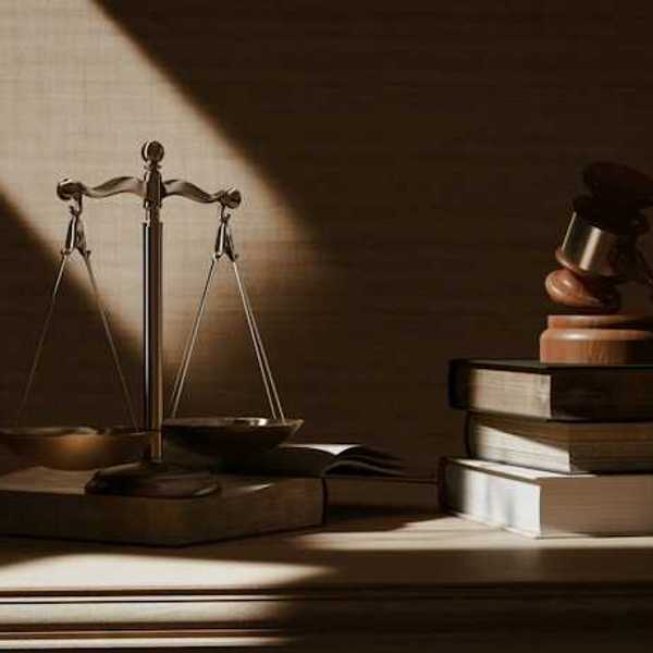 A table with scales of justice and a wooden gavel on top of legal books