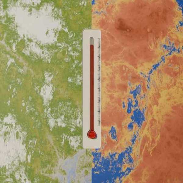 A thermometer in the middle of green and orange contrasting earth's surfaces