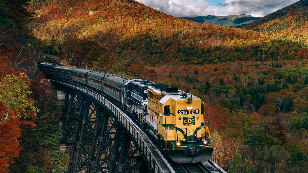A train travels through a fall landscape