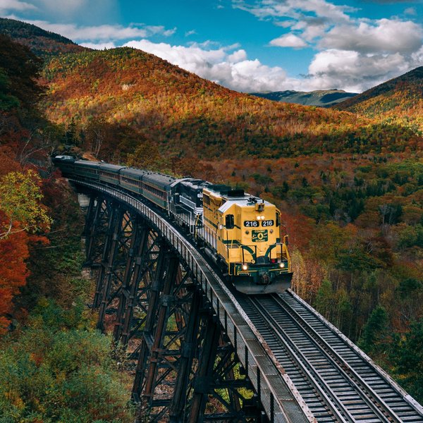 A train travels through a fall landscape