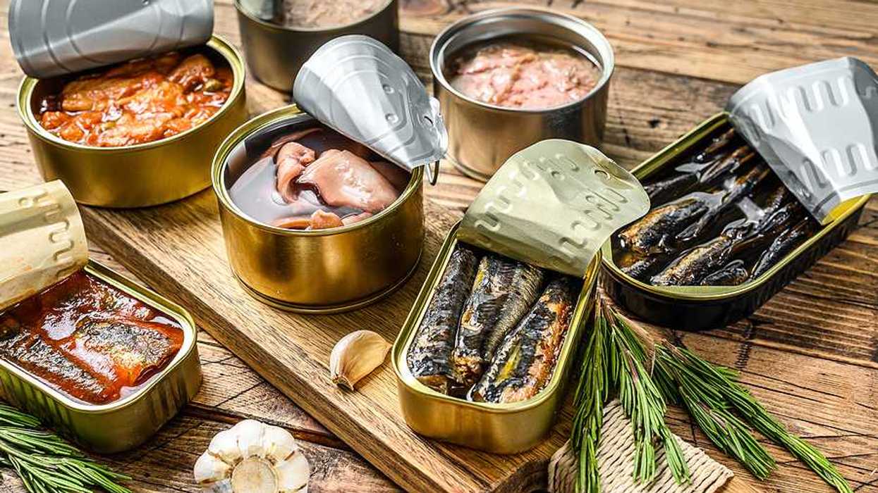 A variety of canned fish in metal cans with the lids open on a wood surface