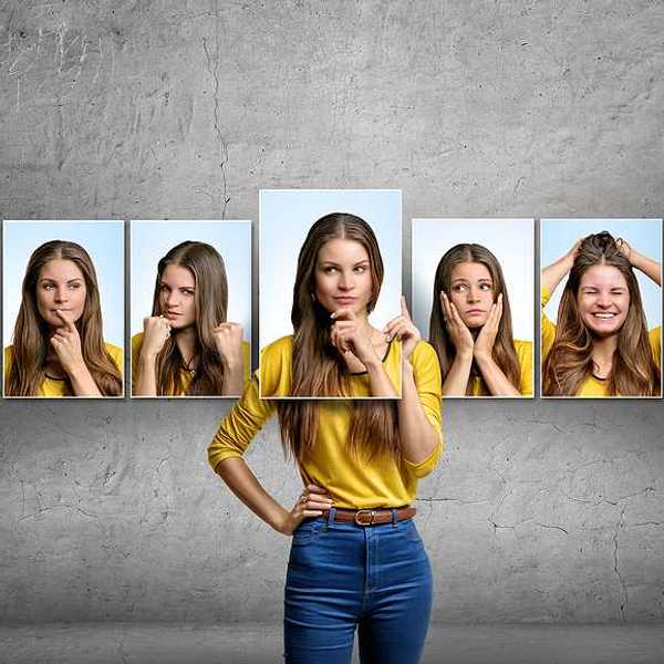 A various headshots of a woman in varying states of emotion