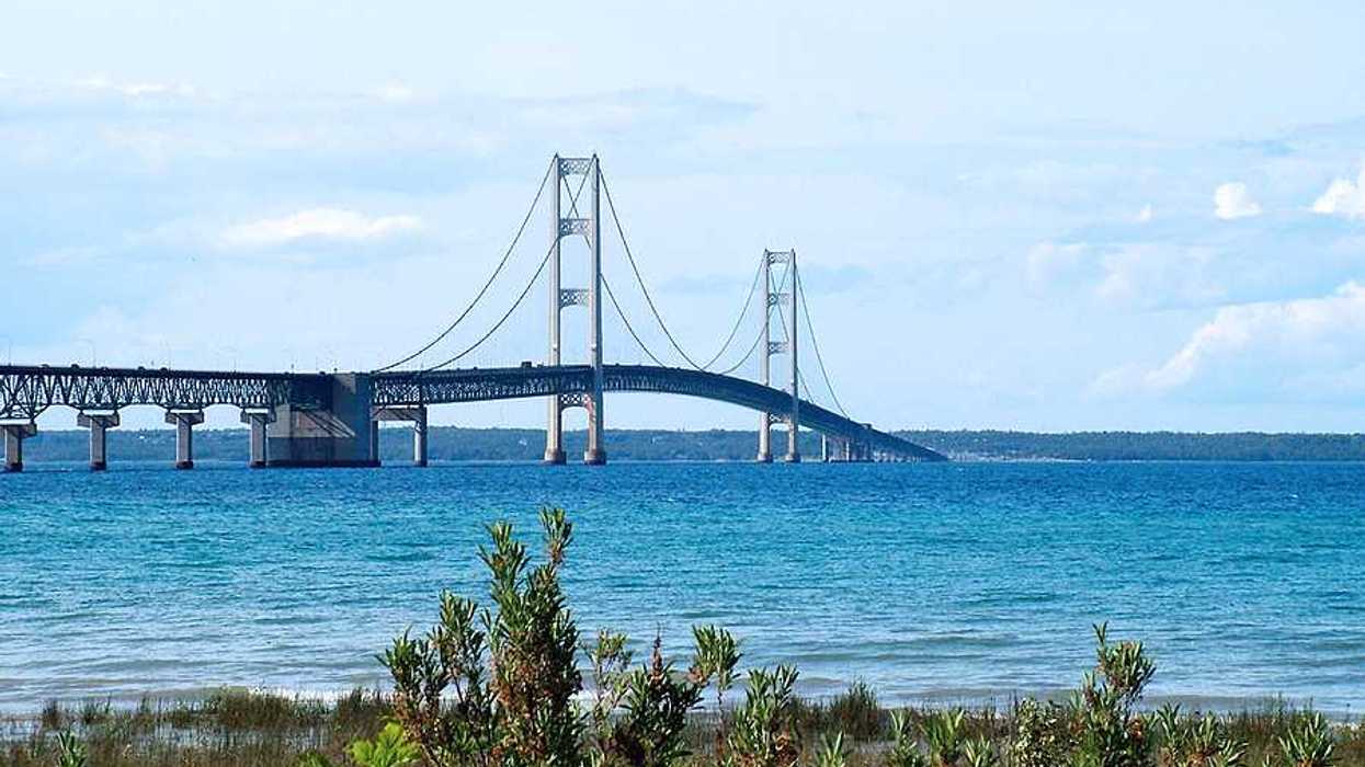 A view of a bridge stretching across a river