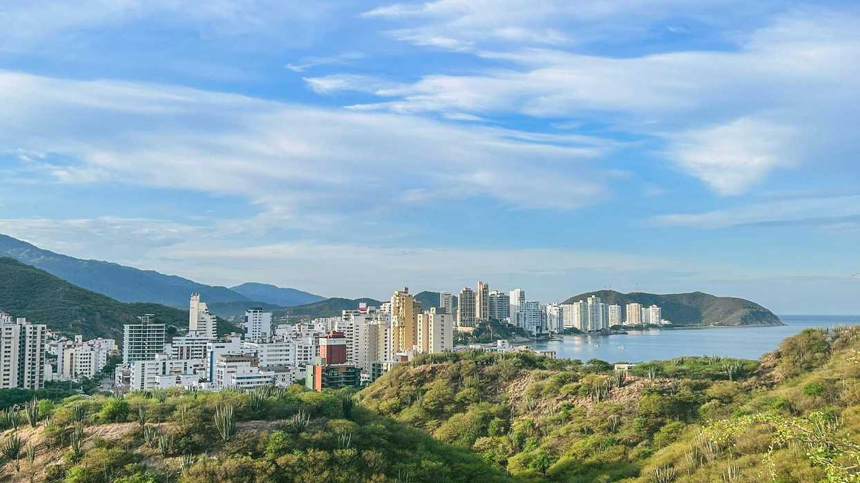 a view of a coastal city skyline from a hill.