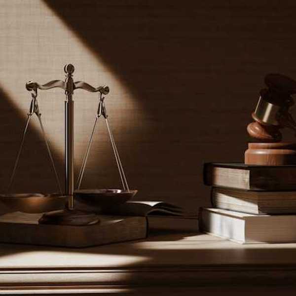 A view of a desk with the scales of justice, law books, and a wooden gavel