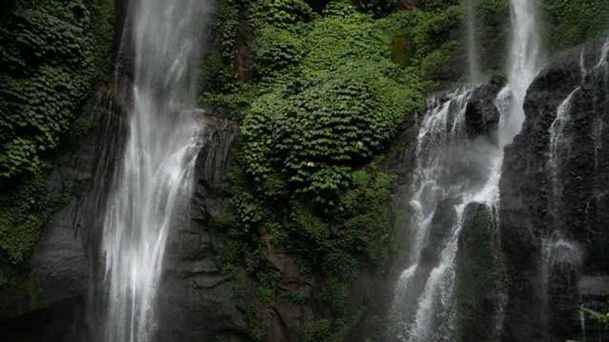 A view of a double waterfall in a green location