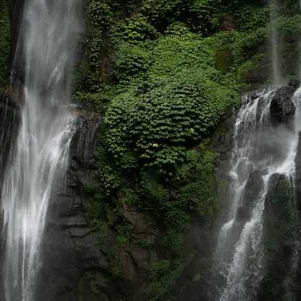 A view of a double waterfall in a green location
