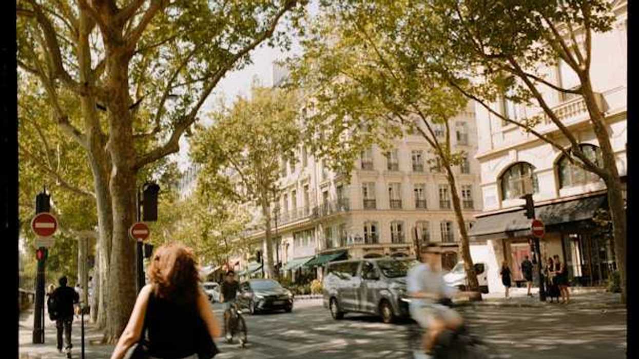 A view of a European street with trees, buildings and people walking and on bikes