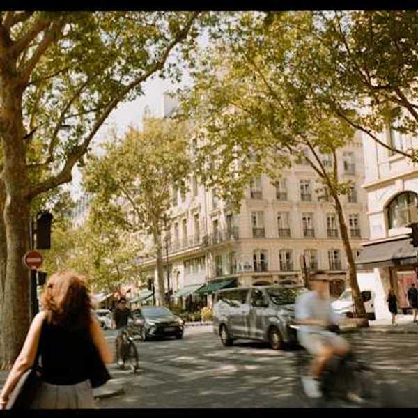 A view of a European street with trees, buildings and people walking and on bikes