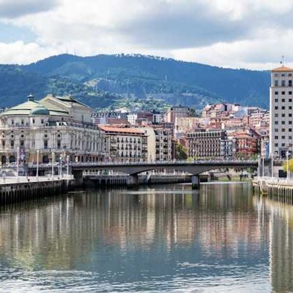 A view of a European town with a river and bridge