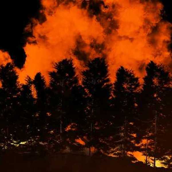 A view of a forested ridge with a wildfire burning in the background