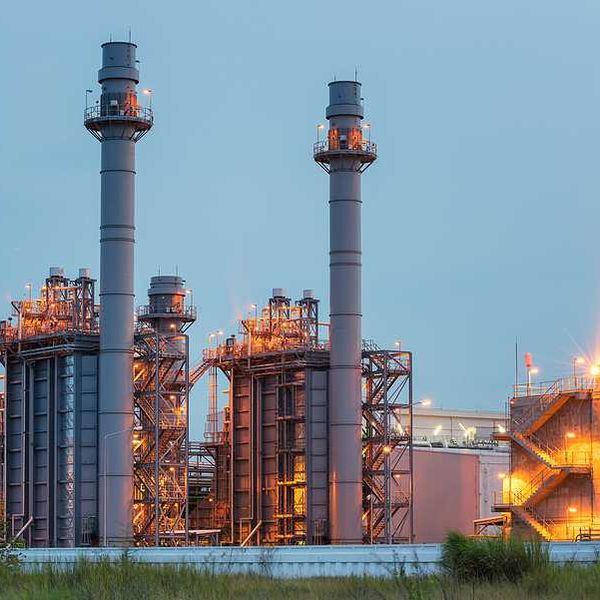 A view of a gas-fired power station at dusk