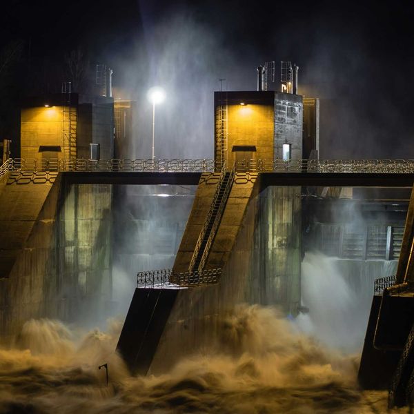 A view of a hydropower plant during a storm