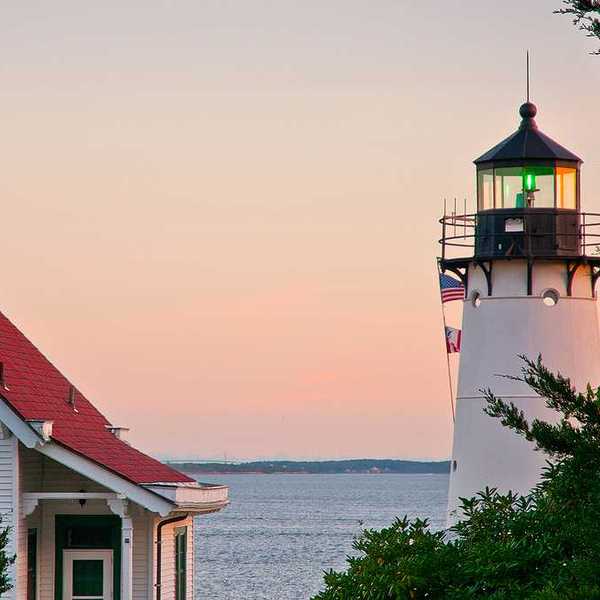 A view of a lighthouse over Narragansett Bay