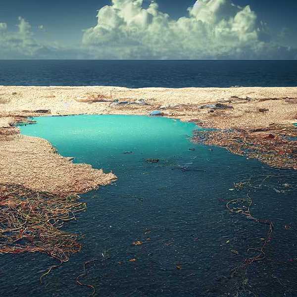 A view of a pile of trash floating in the ocean
