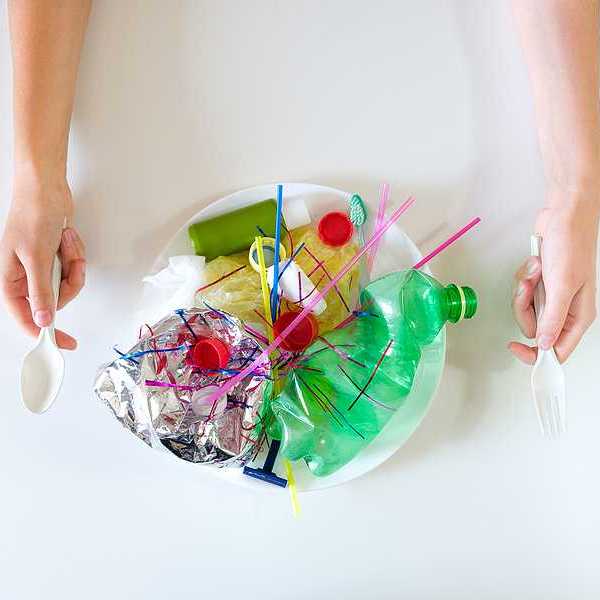 A view of a plate filled with plastic waste as if it's food