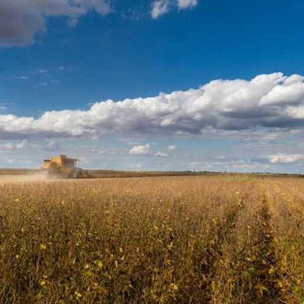 A view of a prairie farm field with a tractor in the distance