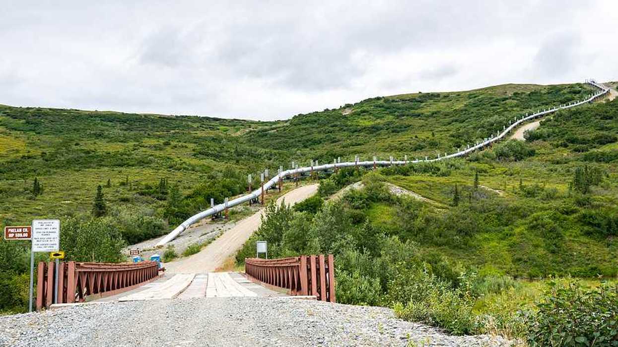 A view of a road in Alaska with an oil pipeline alongside it