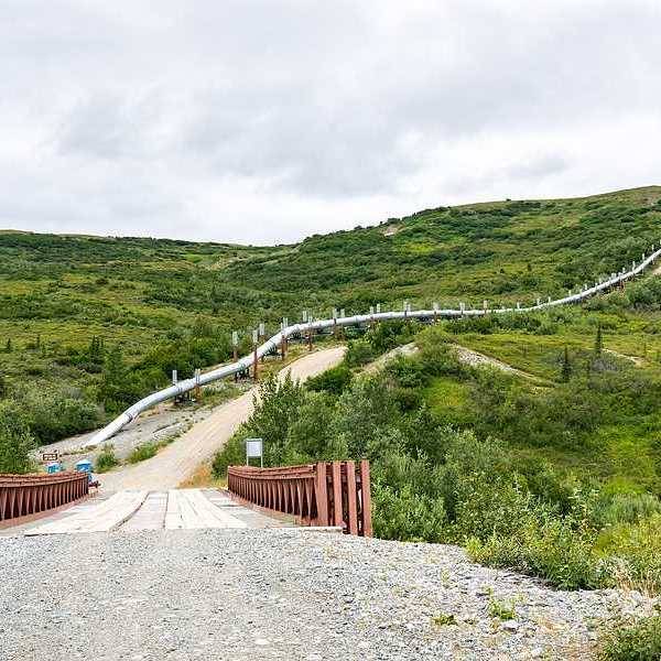 A view of a road in Alaska with an oil pipeline alongside it