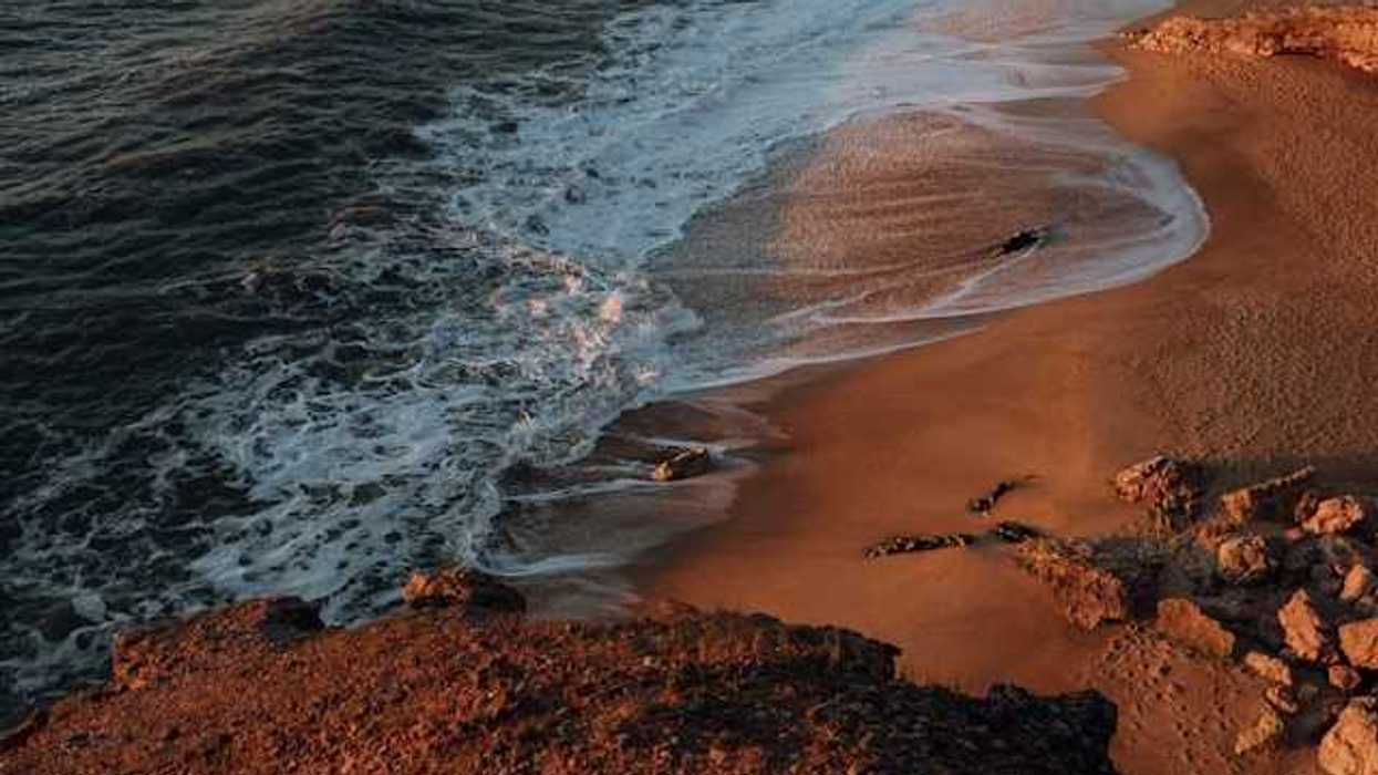 A view of a rocky beach from above with waves crashing on the shore