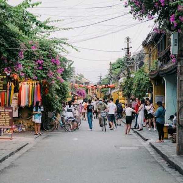 A view of a street with lots of flowering vines growing on the houses