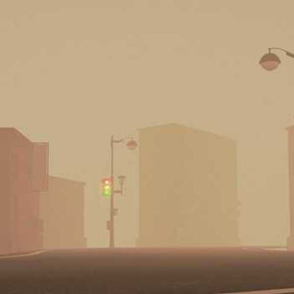 A view of a street with streetlamps with fog or smoke in the atmosphere