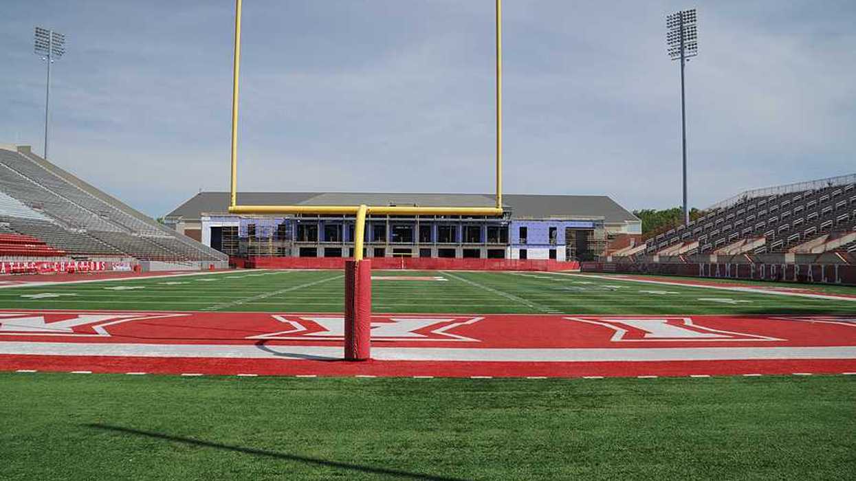 A view of a university stadium from the end zone