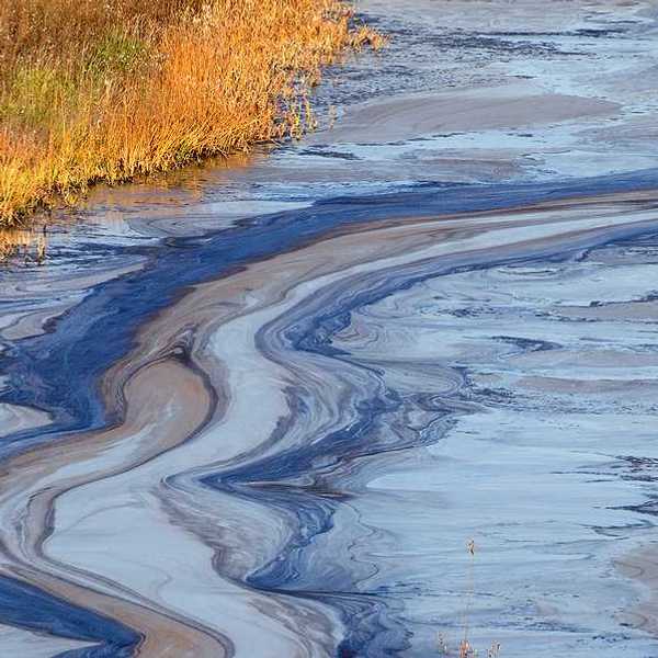 A view of a water source with oil floating on the surface