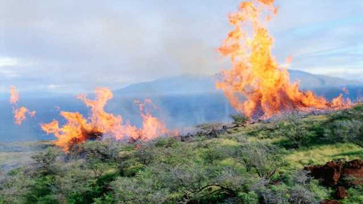 A view of a wildfire spreading across a green landscape