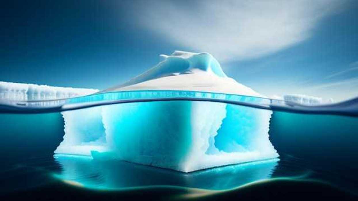 A view of an iceberg both above and below the water line