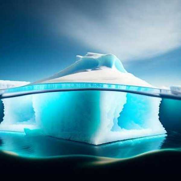 A view of an iceberg both above and below the water line