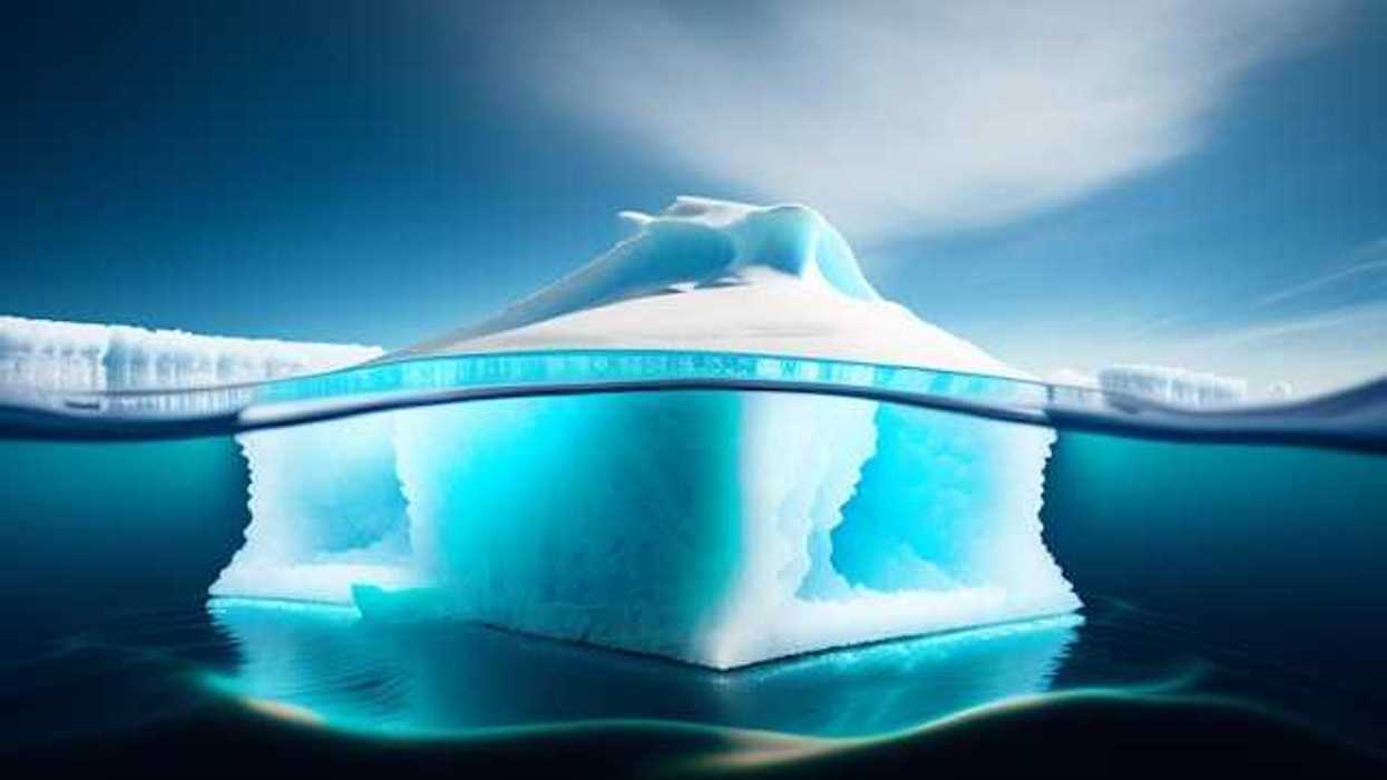 A view of an iceberg from the side, showing the ice above and below the water line